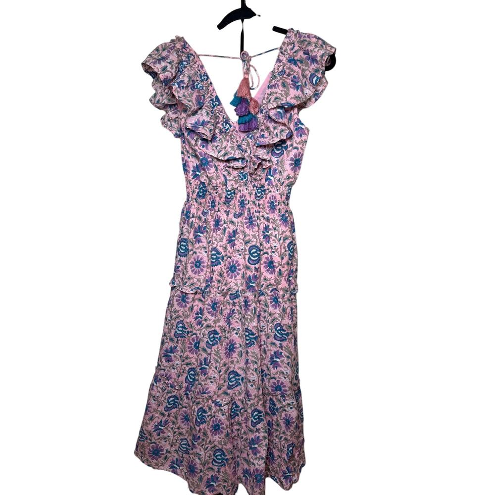 Autumn Wedding Guest Dress Cotton Ruffle Maxi Button Up Front Size XS ALLISON NY